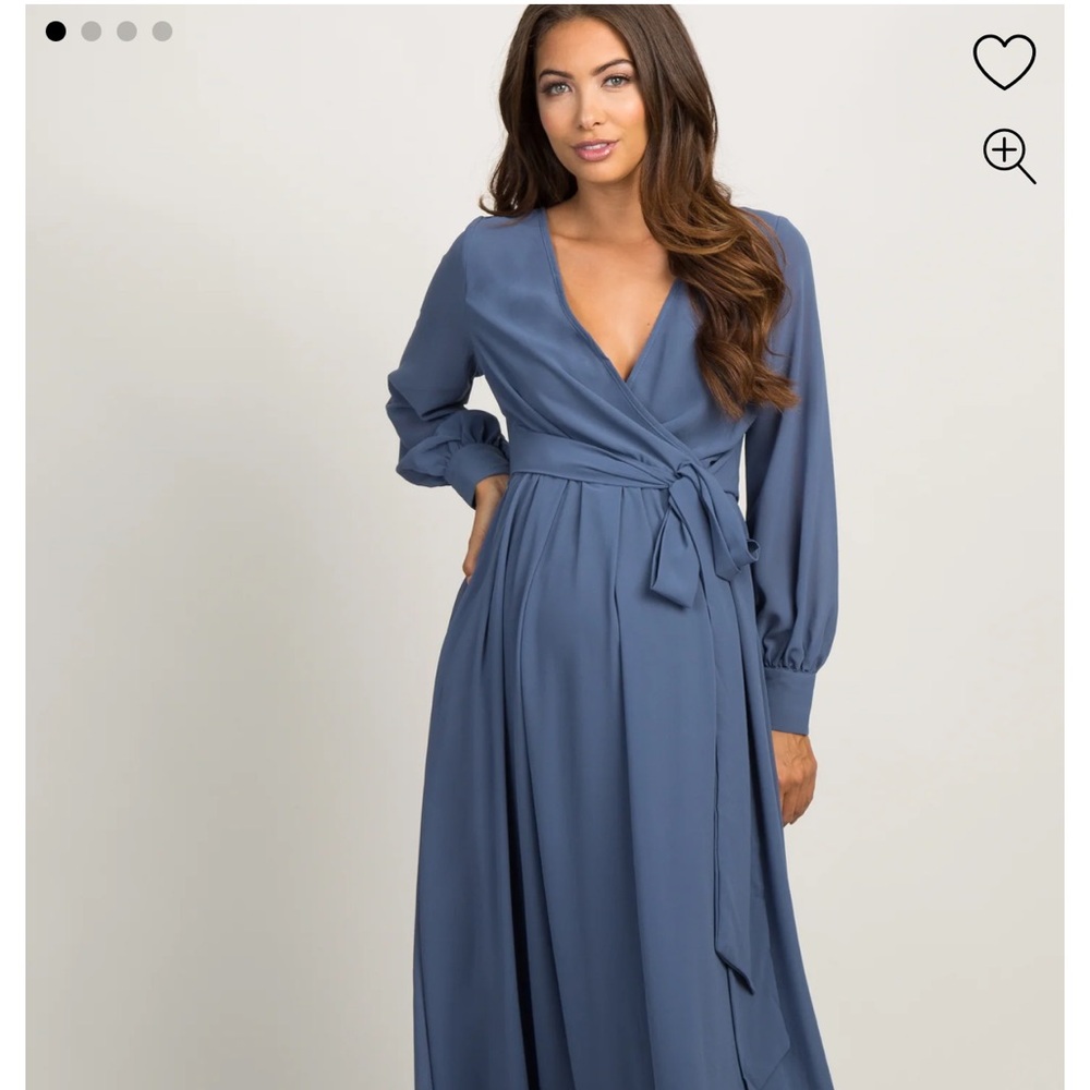 Blue Chiffon Long Sleeve Pleated Maternity Maxi Dress